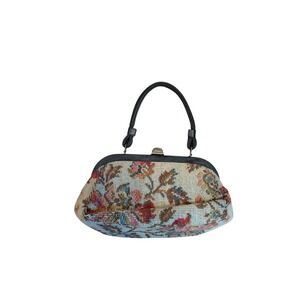 Vintage JR Florida‎ Floral Tapestry Handbag Black Faux Leather Frame Bag 1960s
